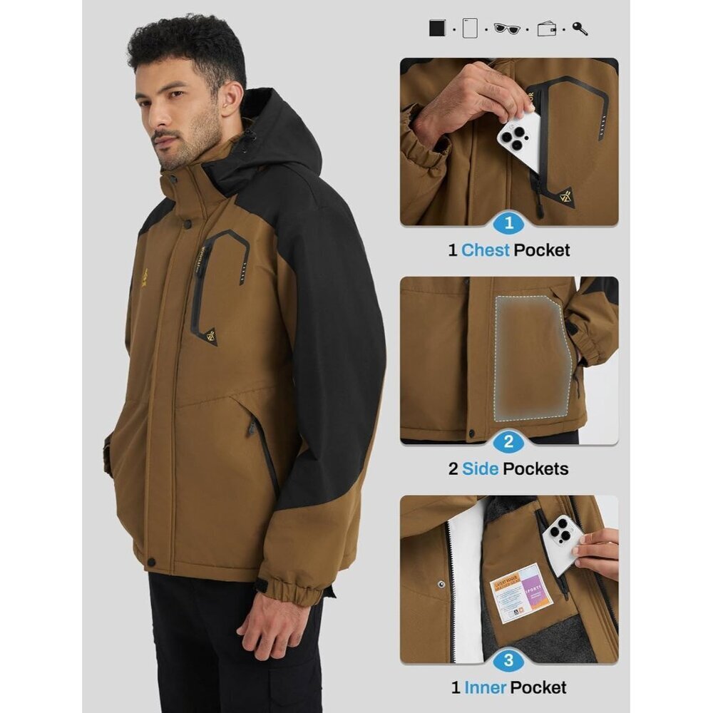Men's Coffee 1 Waterproof Winter Warm Snow Coat Fleece Lined Hiking Ski Jacket - Picture 6 of 7